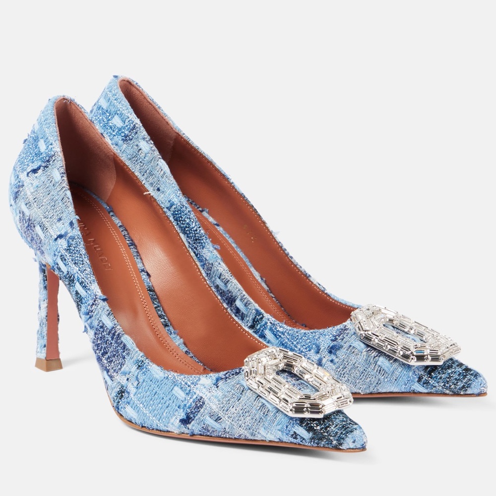 Amina Muaddi Blue Heels with Silver Embellishment. Come with the box/duster bag.